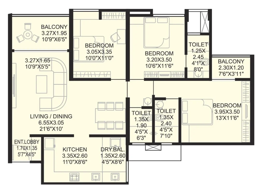 3 BHK floor plan in Tathawade showing spacious living dining area, bedrooms, balconies and kitchen at Vardhaman Altezza