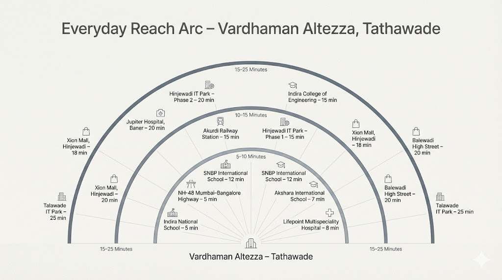 Key distance infographic showing schools, hospitals, IT parks and highways near 2 and 3 BHK apartments at Vardhaman Altezza, Tathawade Pune.